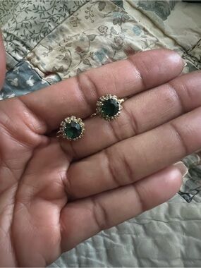 Gold-Tone Emerald Crystal Halo Stud Earrings
